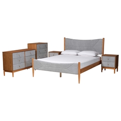 Baxton Studio Taylin Mid-Century Grey Corduroy and Oak Brown Wood Queen 5-Piece Bedroom Set